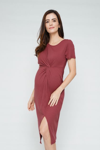 Front Twist Maternity Midi Ribbed Dress