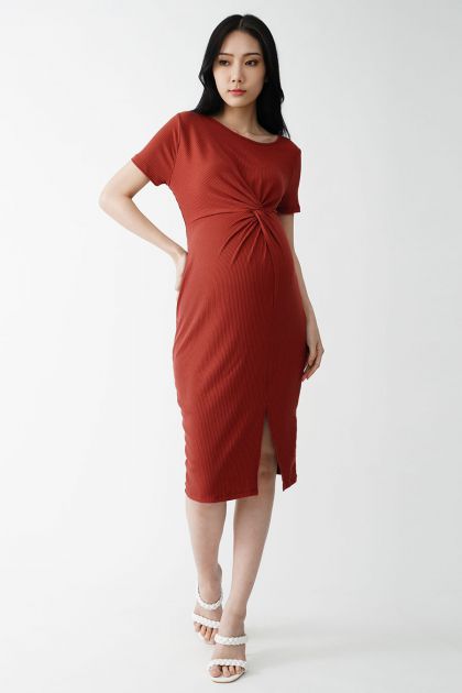 Front Twist Maternity Midi Ribbed Dress