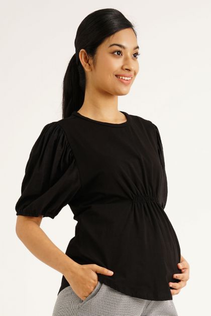 Maternity Round Neck Puff Sleeve Top