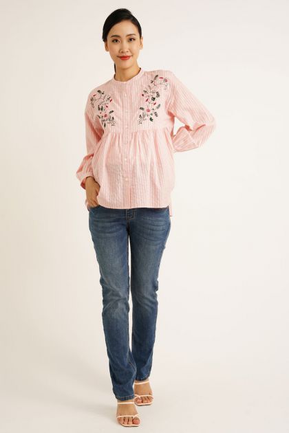 Pink Maternity Embroidered Nursing Blouse
