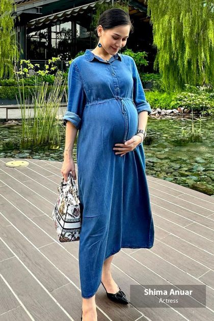 Maternity Drawstring Denim Nursing Dress